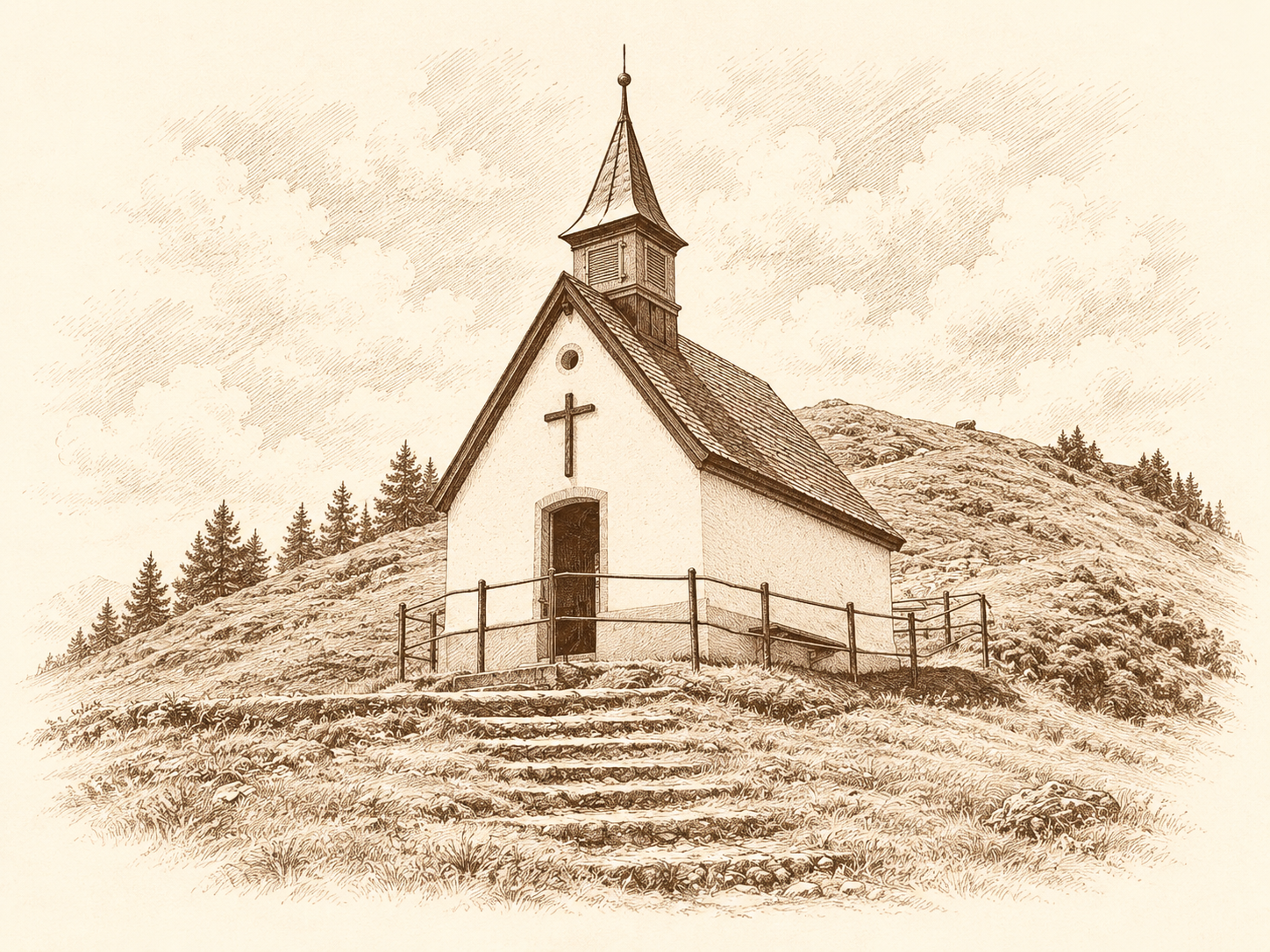 Illustration der Jakobs-Kapelle auf dem Kronberg im Kupferstichstil