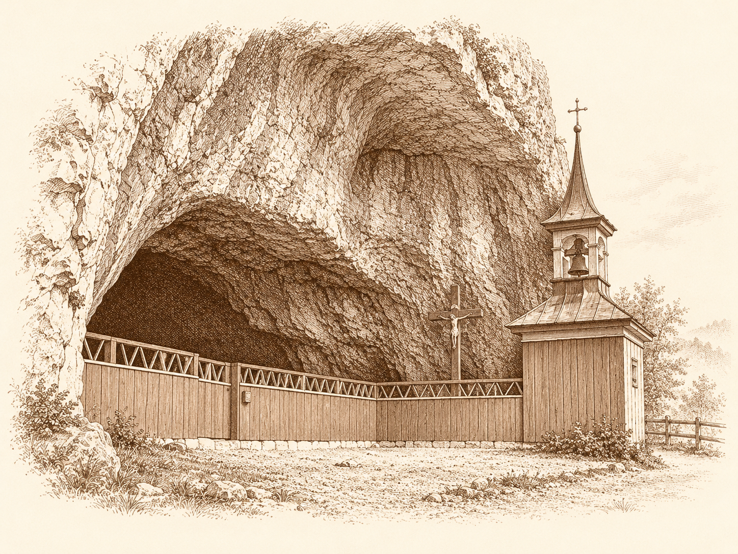 Illustration des Wildkirchli im Kupferstichstil